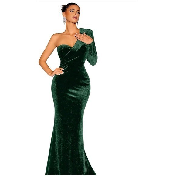 Emerald Green Velvet One Shoulder Mermaid Gown Maxi Dress