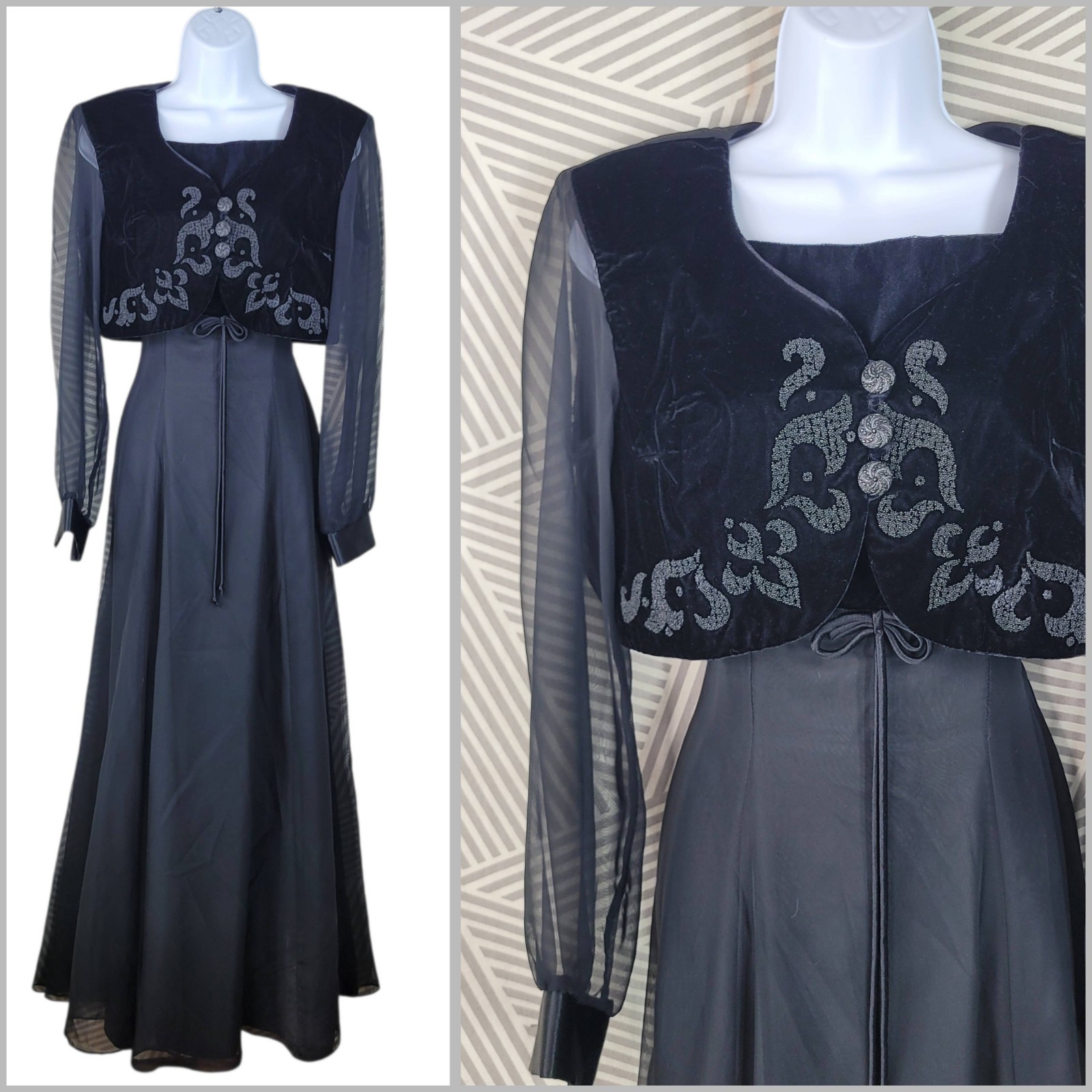 Vintage 60s Crop Jacket Dress Set Small 4 6 long Black Velvet Satin Maxi Alt