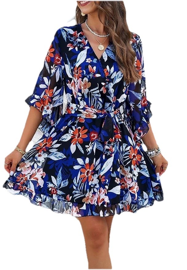 Women Mini Dress, Deep V-Neck Long Sleeve Waist Tie Ruffle Black Dress, Size S