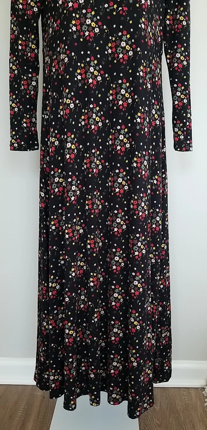 Boden Crew Neck Jersey Midi Dress US 6L 6 Black Floral Clusters Red Green Yellow