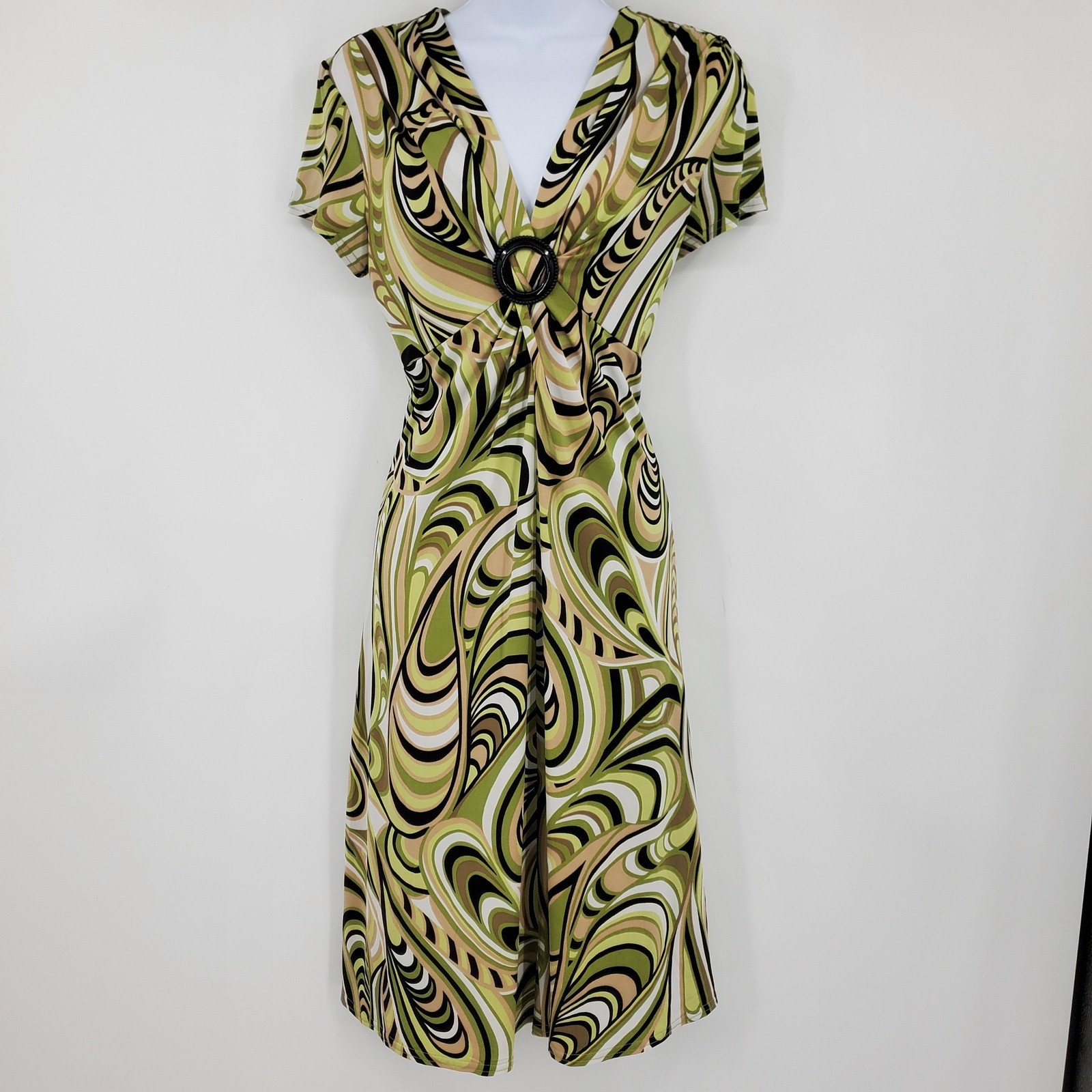 S.L. Fashions Green Tan Psychedelic Swirl Ring Detail V-Neck Midi Dress Size 14
