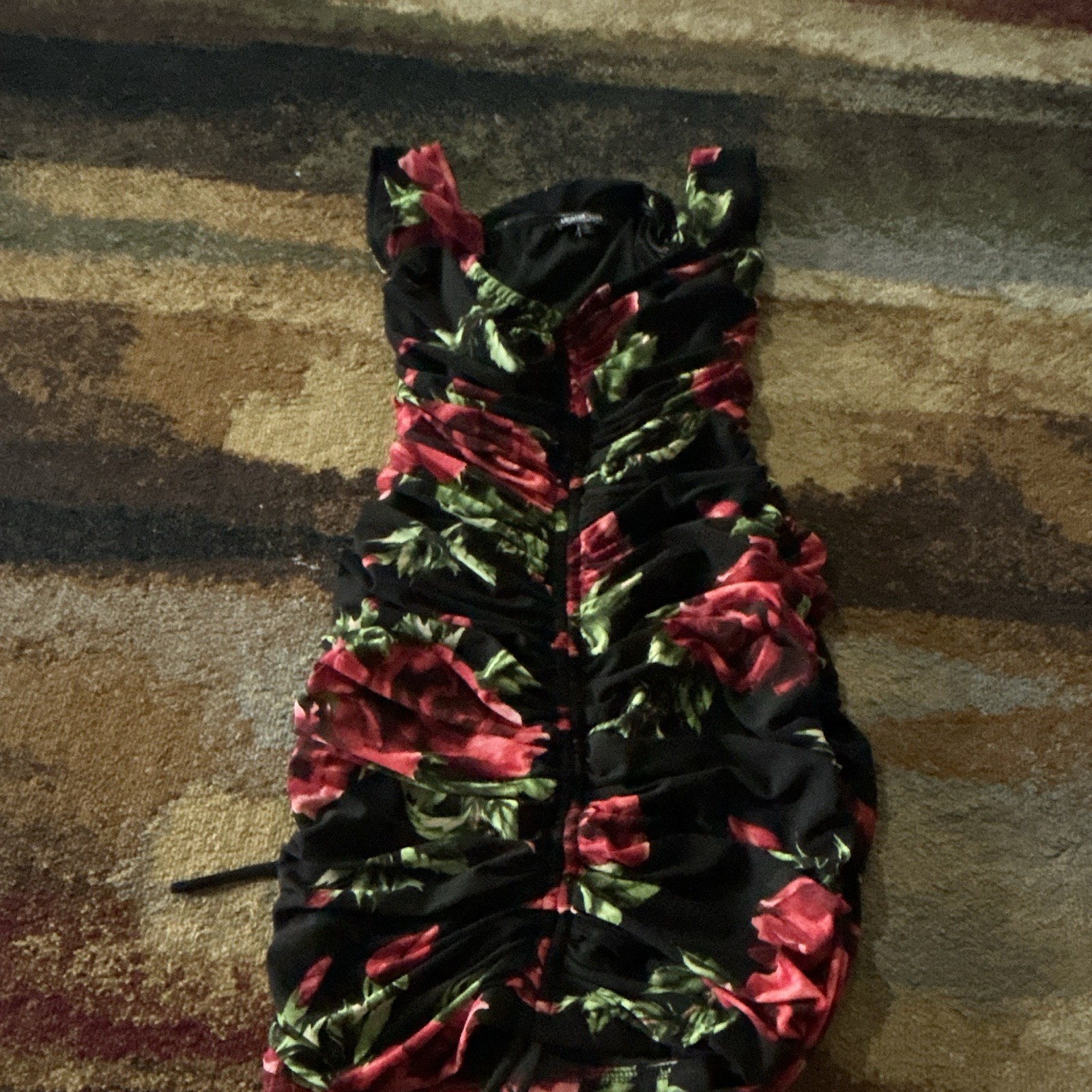 Fashion Nova Ruched Floral Sleeveless Bodycon Short Dress Black Red Green S