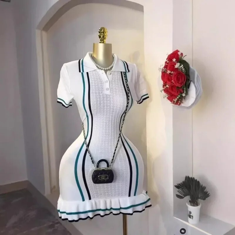 Ruffle Dress Hem Knitted Mini Dress Buttons Polo-neck Short Sleeve High Stretch