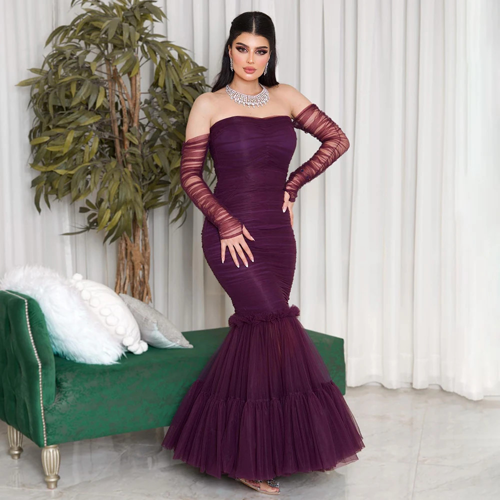 Purple Evening Dresses Mermaid Off the Shoulder Full Sleeves Evening Gowns Long
