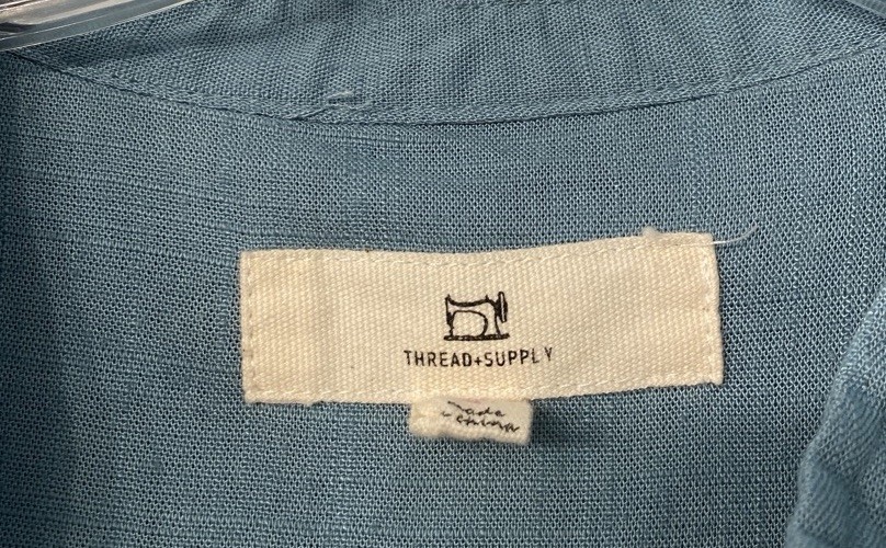 Women’s Oil Blue Button Up 80% Rayon 20% Linen Dress With Belt By Thread+Supply