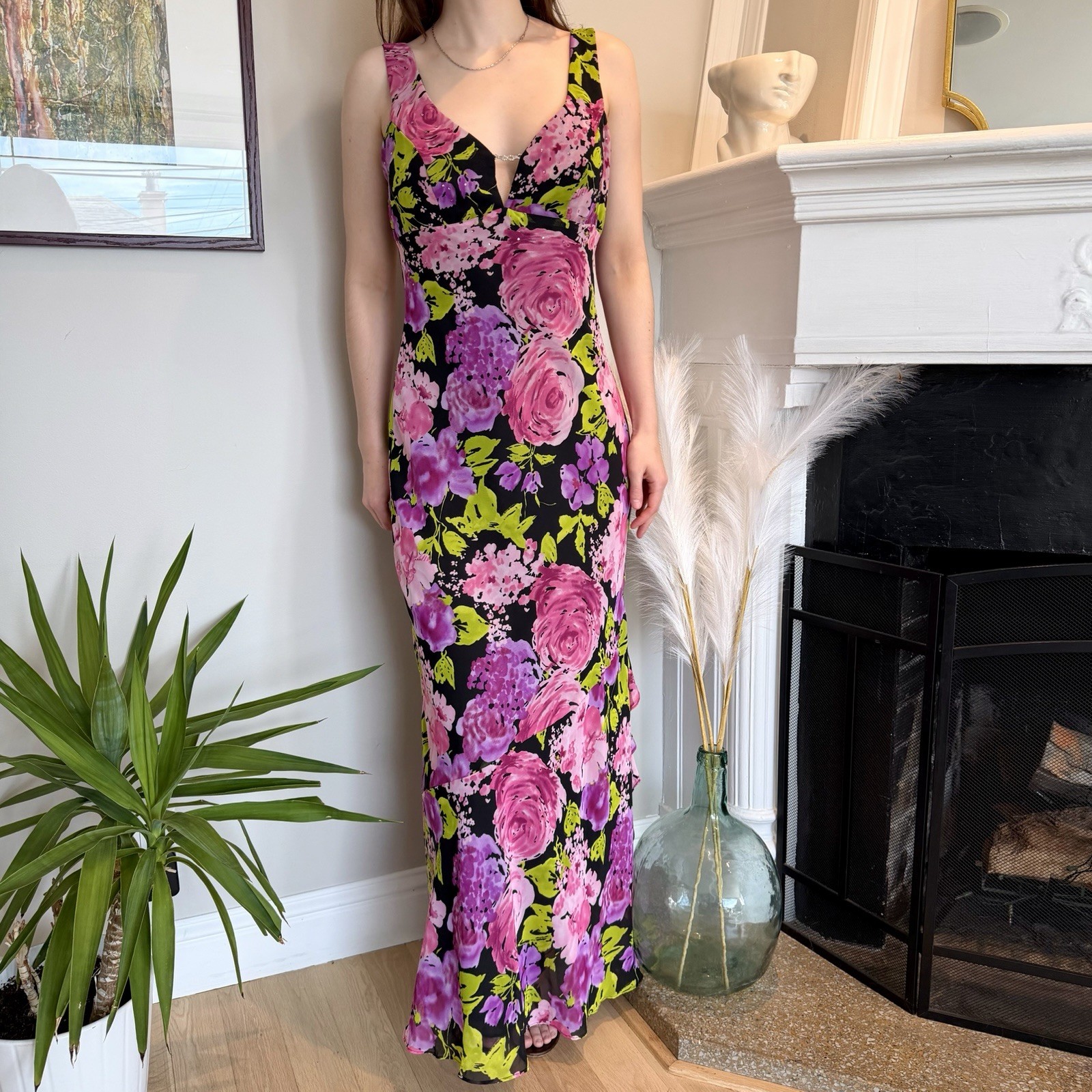 Women’s M Y2K Floral Formal Maxi Dress V-Neck Sleeveless