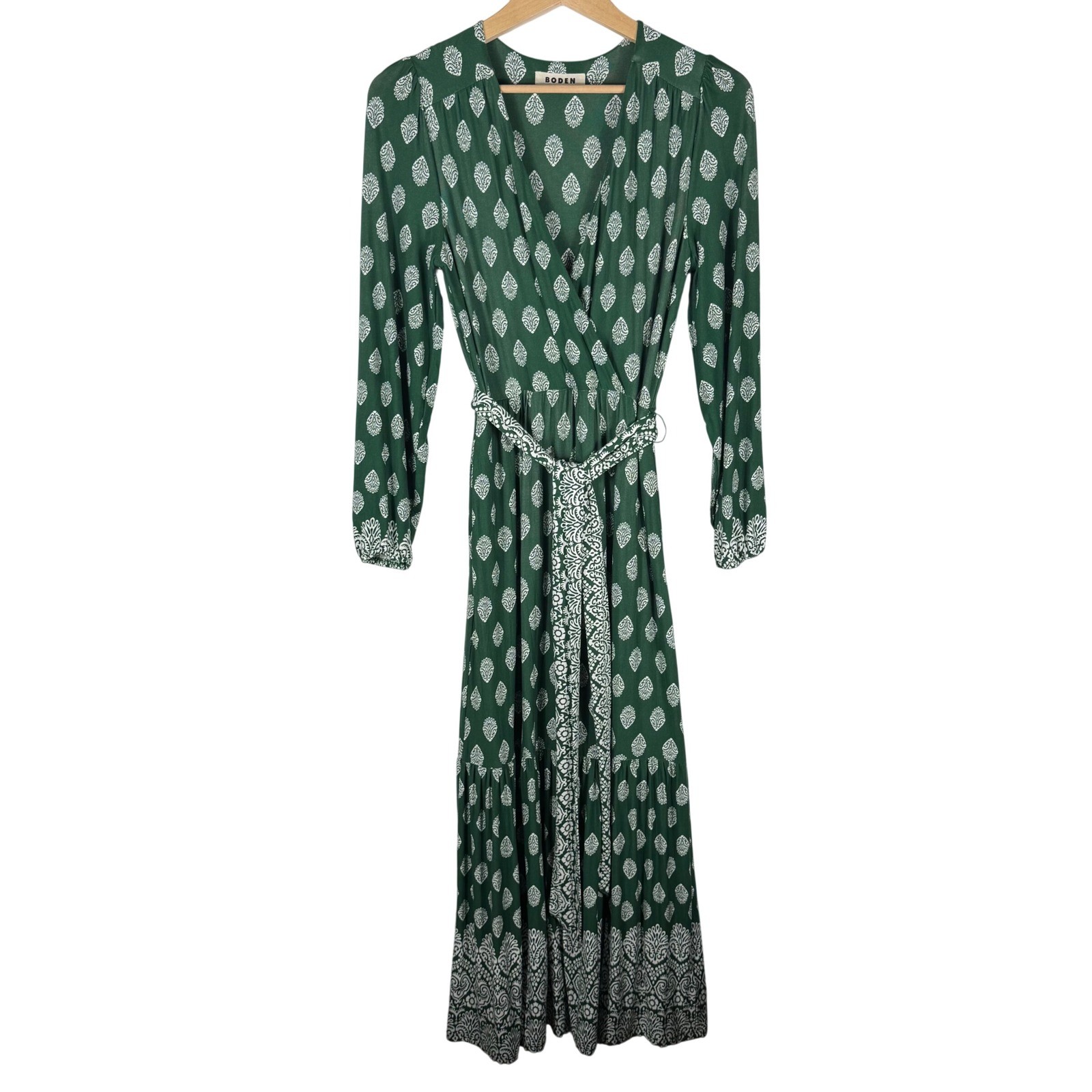 Boden Ophelia Wrap Dress Womens 8 Green White Jersey Block Print Tiered Maxi