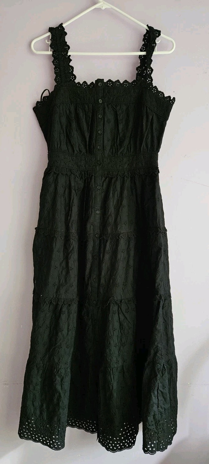 Gap x DOEN Eyelet Midi Dress Sz S Black Tiered Boho Coquette Embroidered