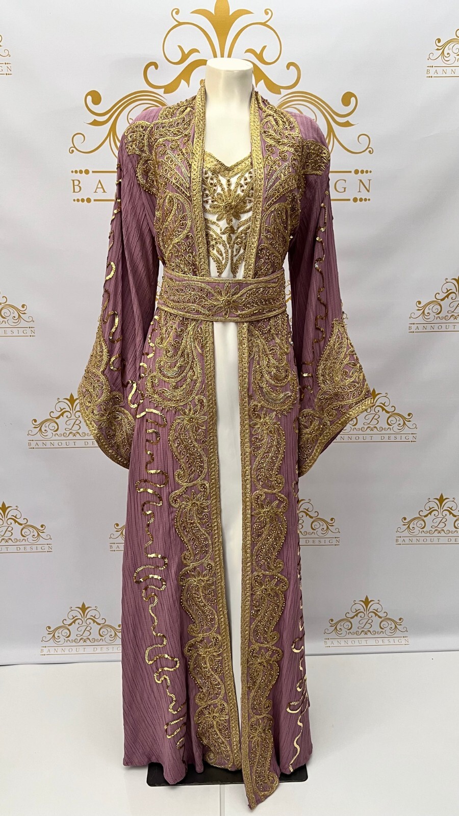 Kaftan Dress 3Pc Golden Embroidery Beads Paisley Design Fancy Women’s Long Abaya