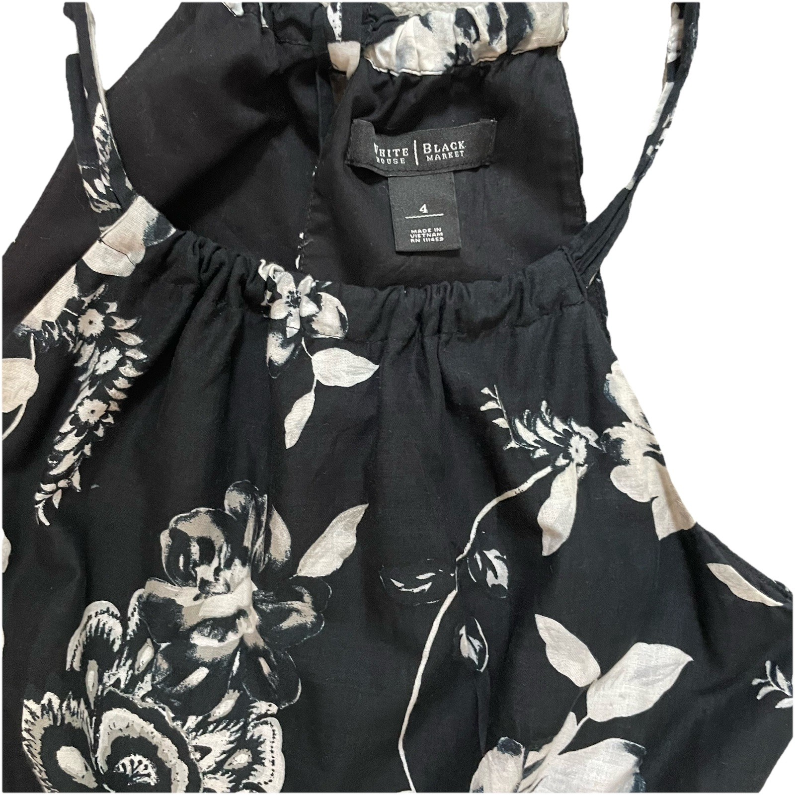 White House Black Market Dress Halter Tie Neck Sz 4 Black White Floral Classic
