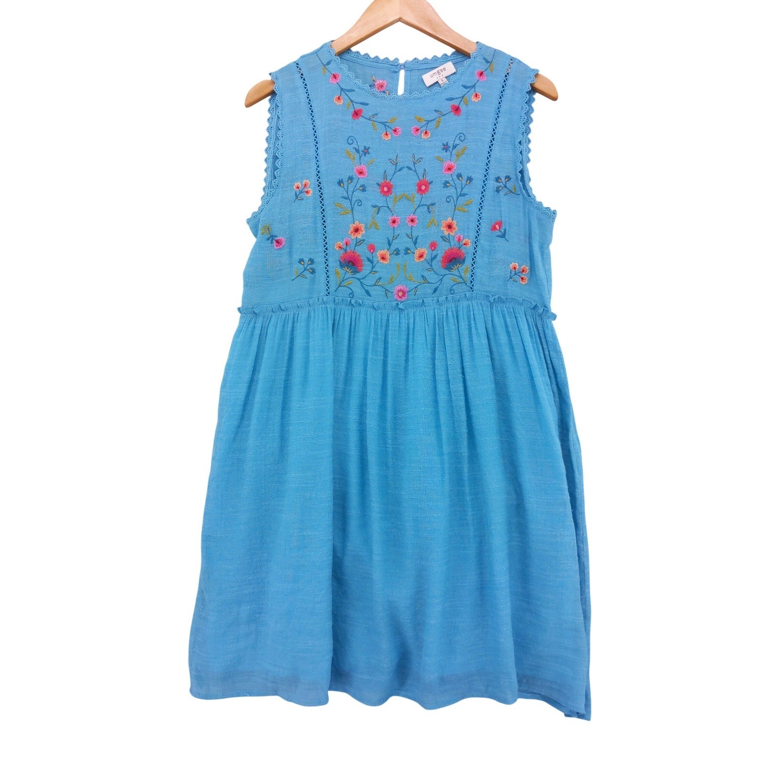 Umgee Dress Women S Blue Floral Embroidered Sleeveless Boho Babydoll Mini