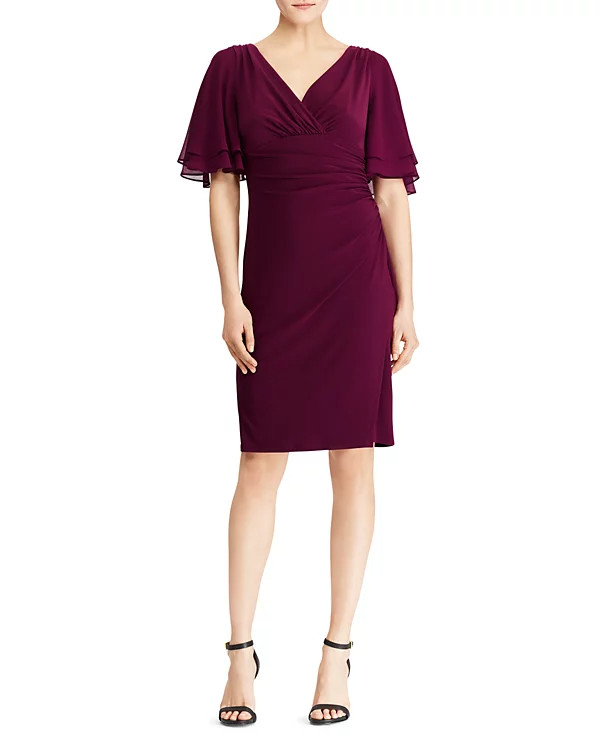 LAUREN Ralph Lauren Petite MILDIA Shirred Flutter-Sleeve Surplice Sheath Dress