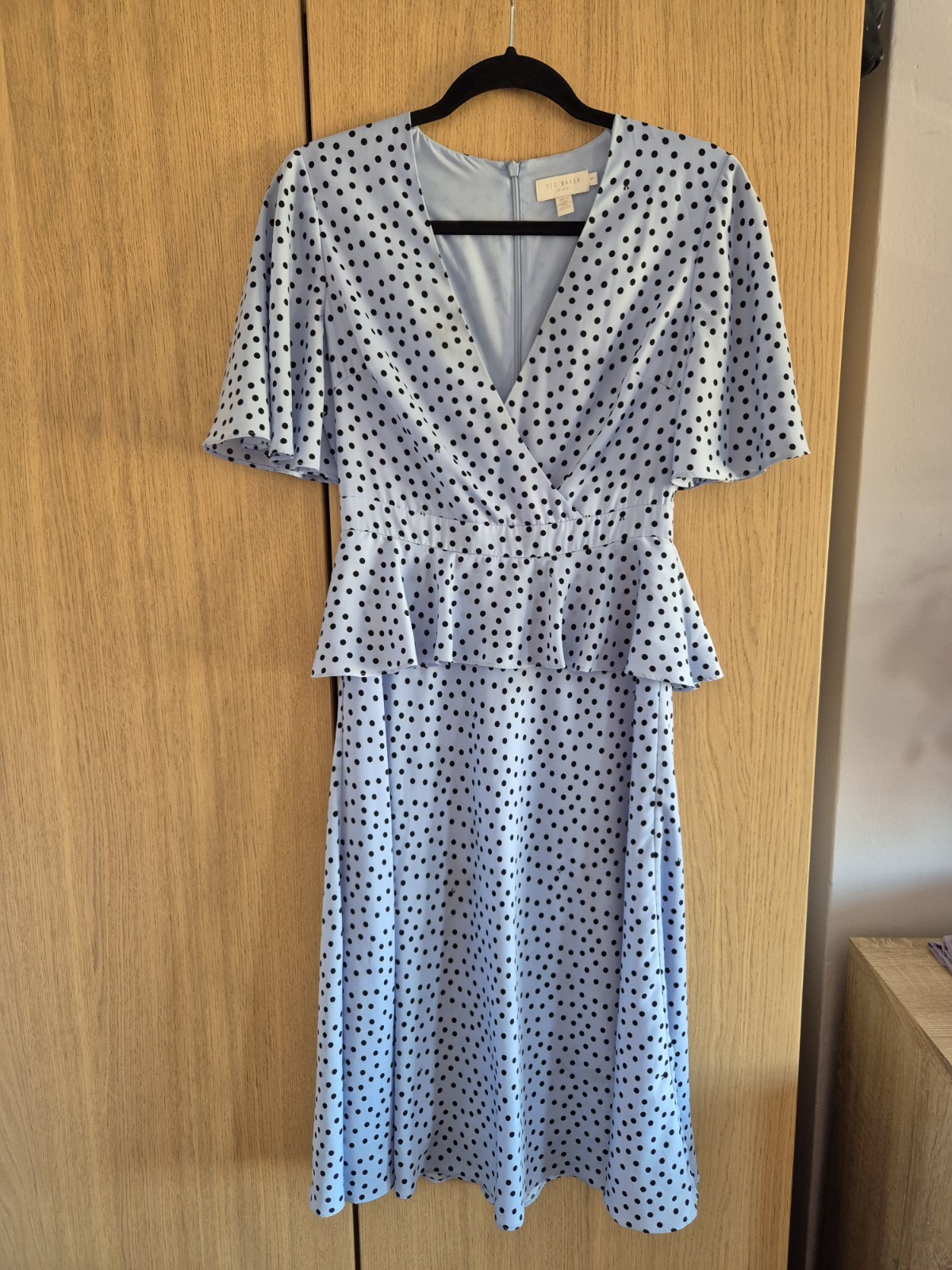 Ted Baker £169 Size 1 UK 6 8 Blue Polkadot Peplum Midi Dress Wedding Races?