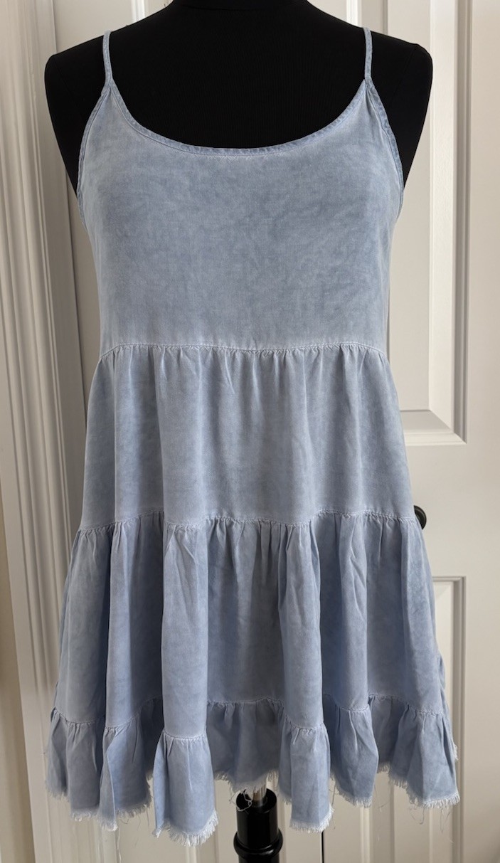 EN CREME Blue Babydoll Dress S/M Scoop Neck Spaghetti Strap Low Back, Raw Hem