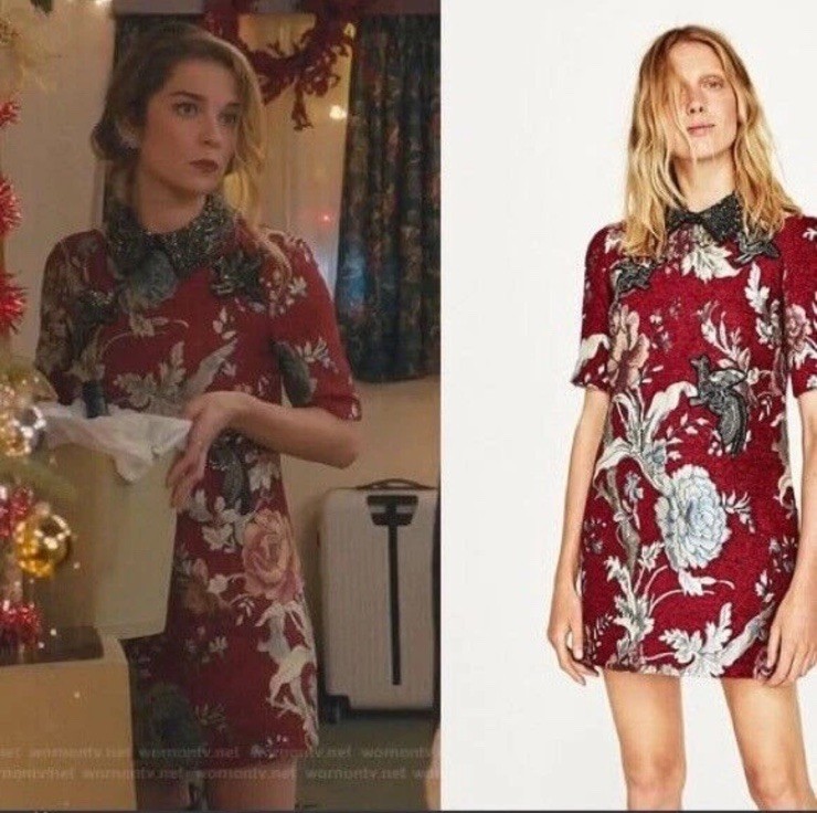 ZARA Red Jacquard Patch Dress Embroidered Collar Alex­is Rose Schit­ts Creek XS