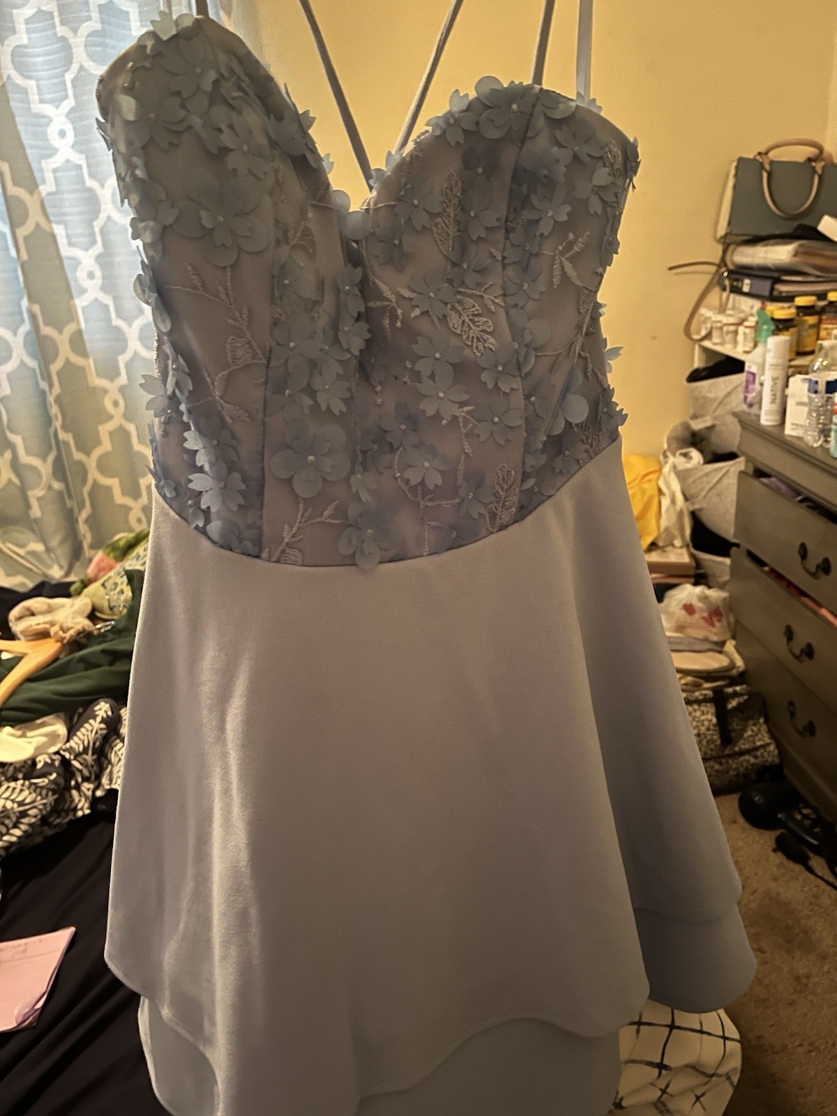 Women’s Blue Fit & Flare Sweetheart Spaghetti Strap Floral Chiffon Dress