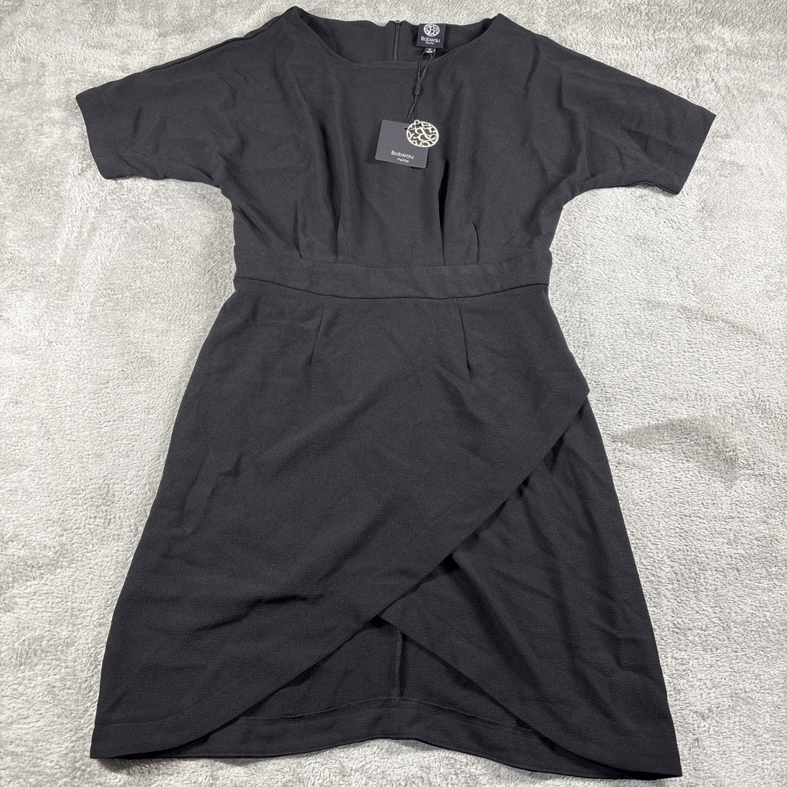 Bobeau Petite Women’s Faux Wrap Dress Tulip Hem Short Sleeves Black Size MP New