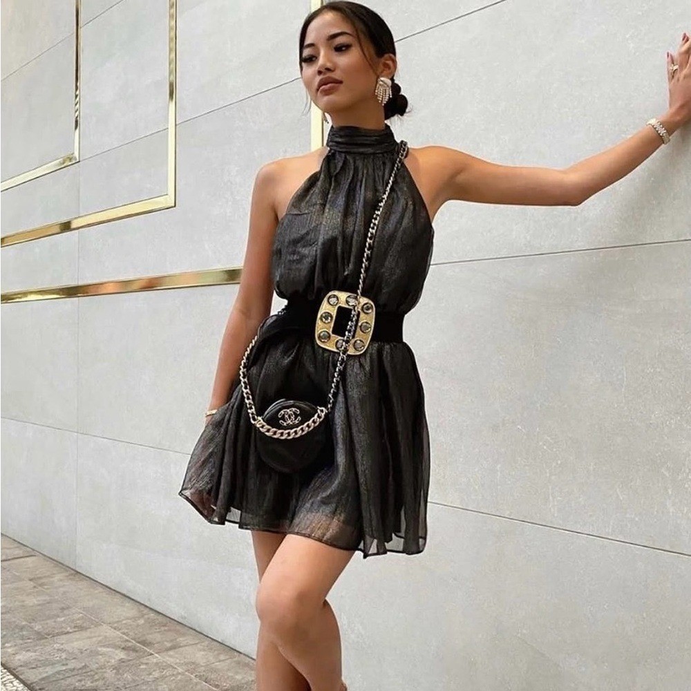 Choosy Metallic Black Halter Mini Dress Open Back Shimmer Party Night Out XS