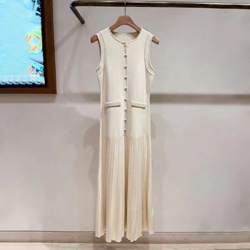 Sandro Color contrast Round neck Pearl edge sleeveless Slim-fit Knit Dress