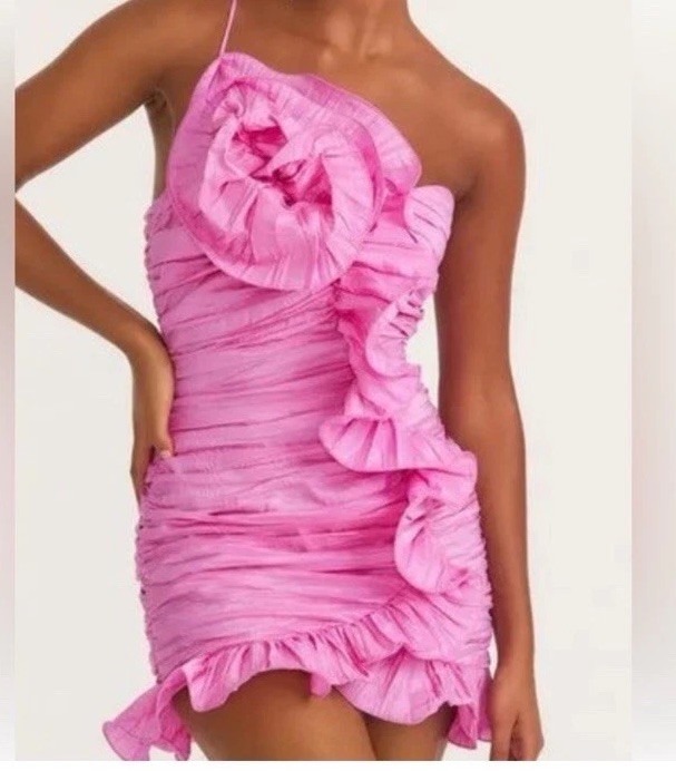 Lovers + Friends Pink One-Shoulder Ruched Ruffle Satin Mini Dress Size 2