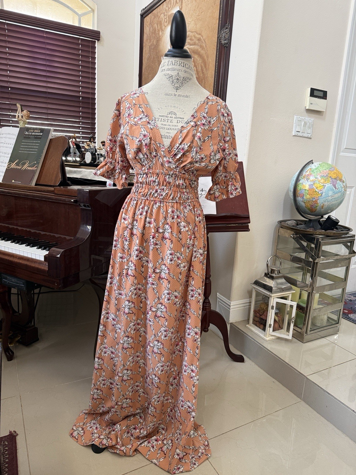 Aurora Brown/White/Pink Floral Maxi Dress V-Neck Smocked Ruffle 3/4 S