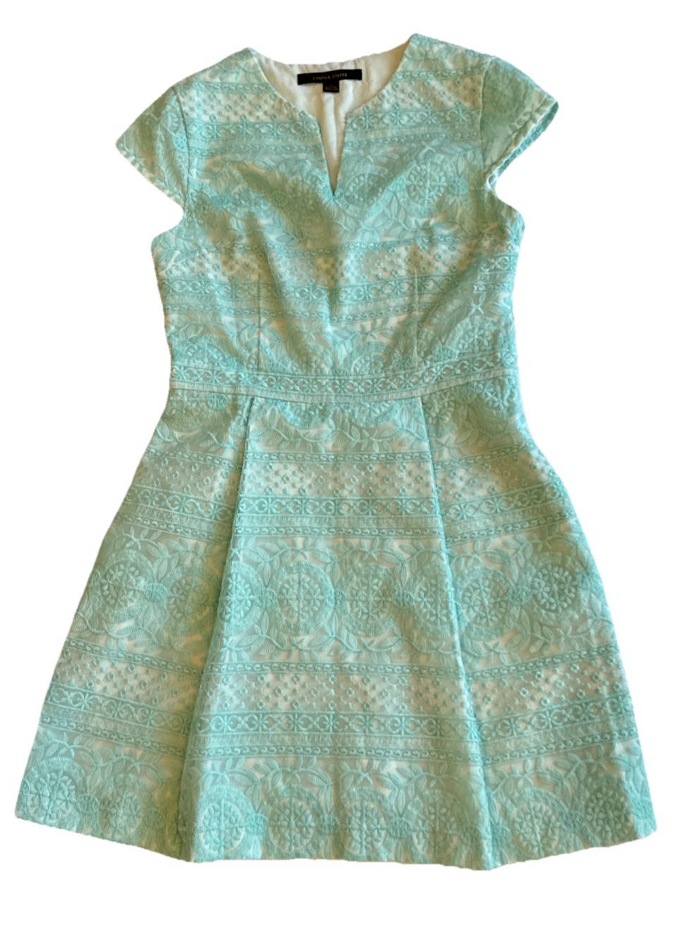Cynthia Steffe Sea Green Ladies Cap Short Sleeve Lace Pleated Mini Dress Size 8