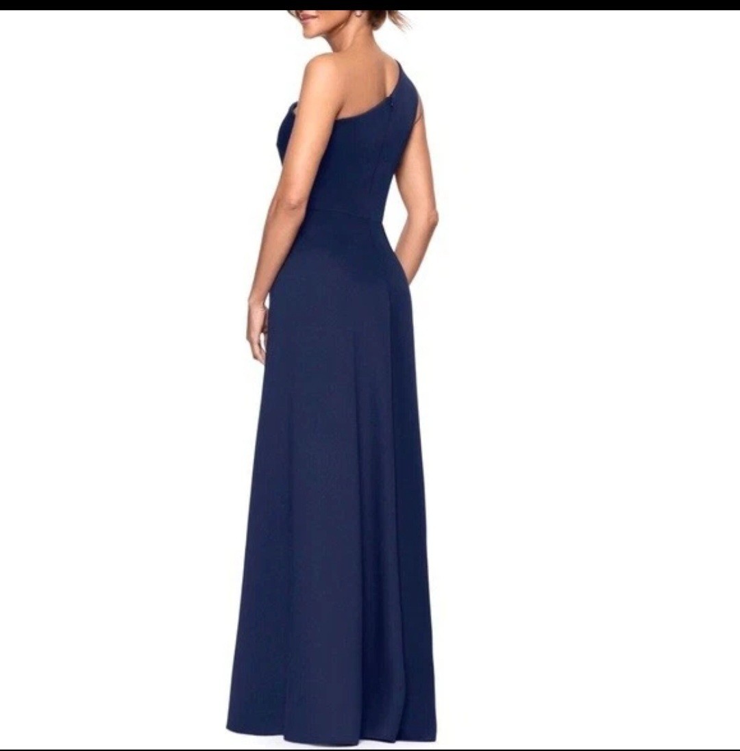 Xscape Midnight Blue One-Shoulder Scuba Crepe Evening Gown Size 12 $268