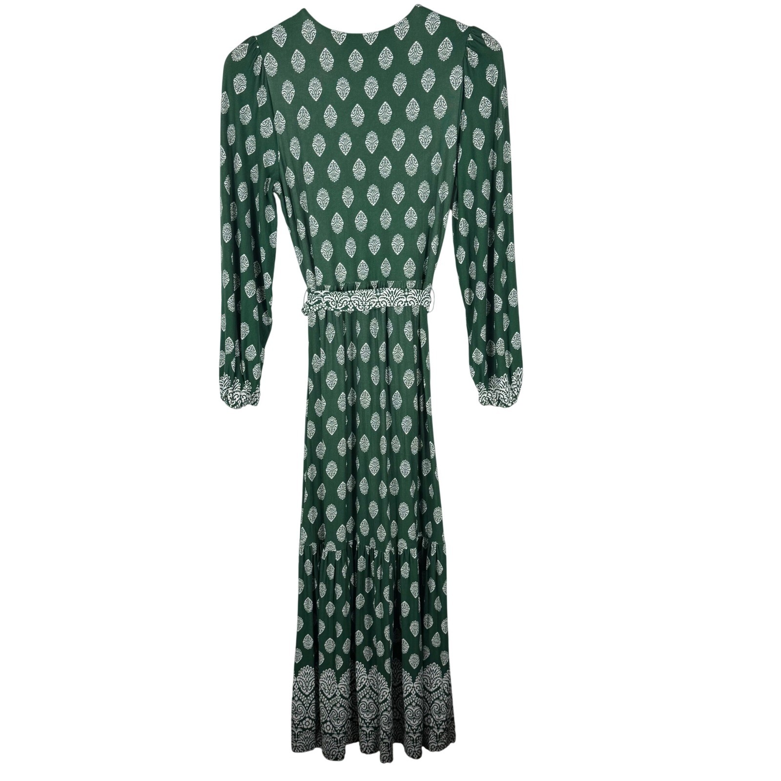 Boden Ophelia Wrap Dress Womens 8 Green White Jersey Block Print Tiered Maxi