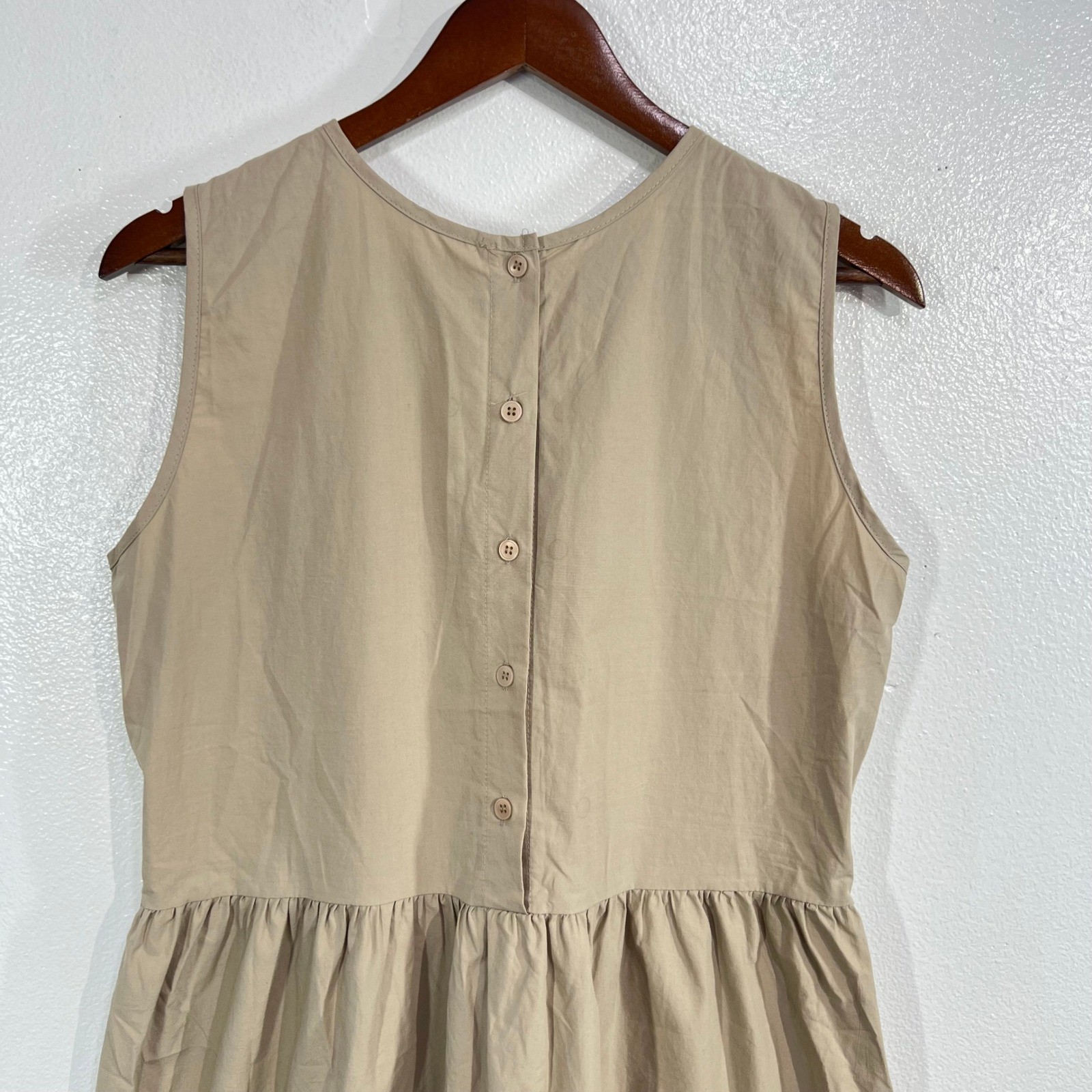 Korean Fashion Steady Seller Beige Button Back Midi Dress Sleeveless Pocket