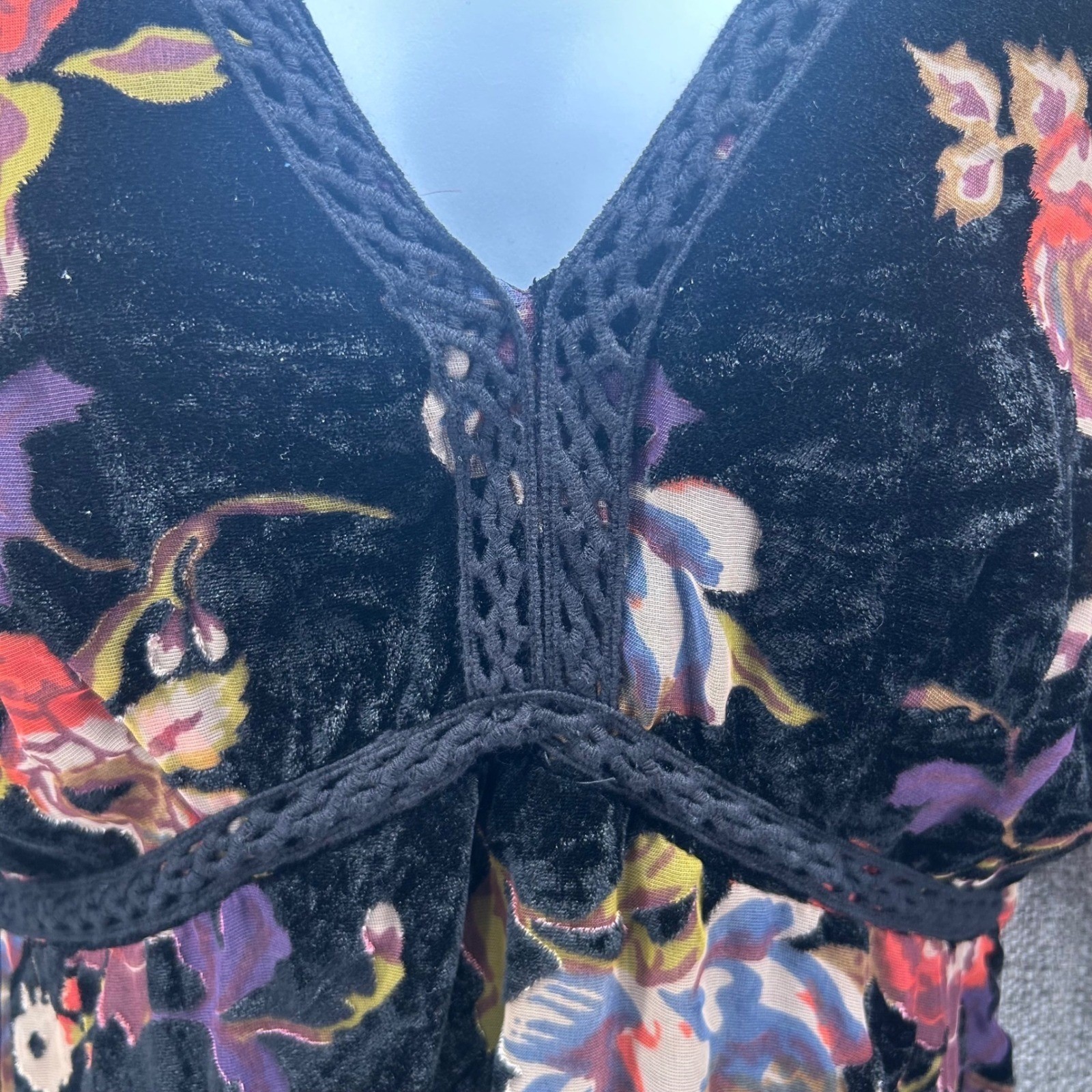 Whimsigoth Juniors Dress M Black Velvet Burnout Empire Floral Dark Romantic Boho
