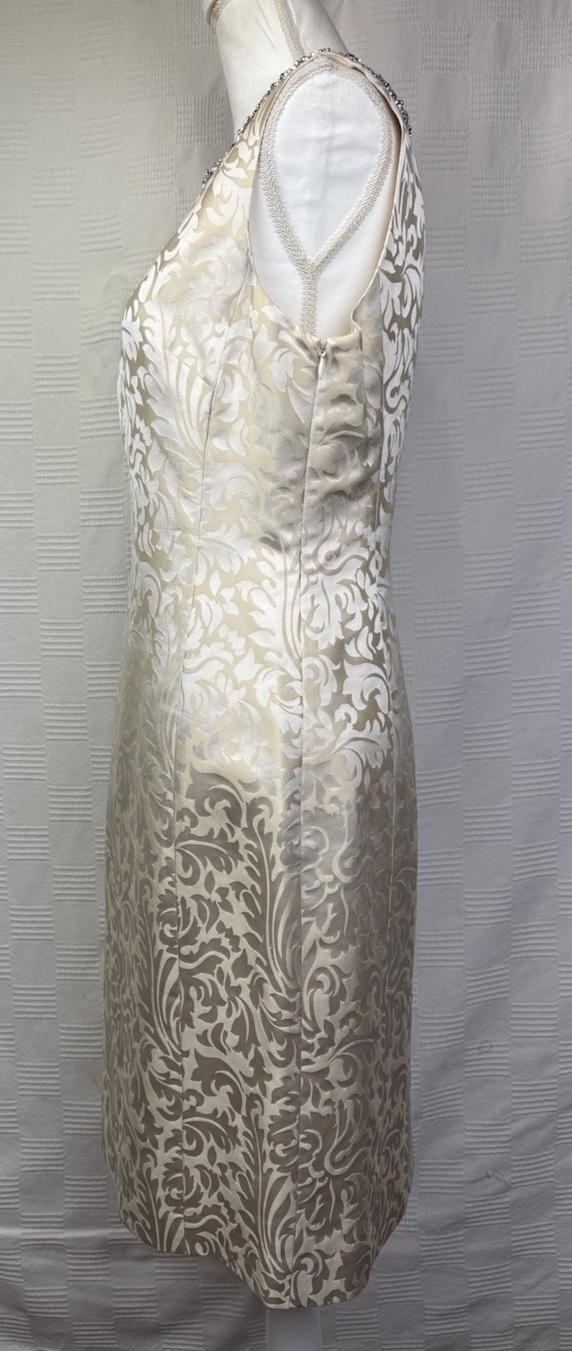 NWT BR Vintage-Inspired Womens Silk Cream Beige Dress Rhinestone Neck 8 Jacquard
