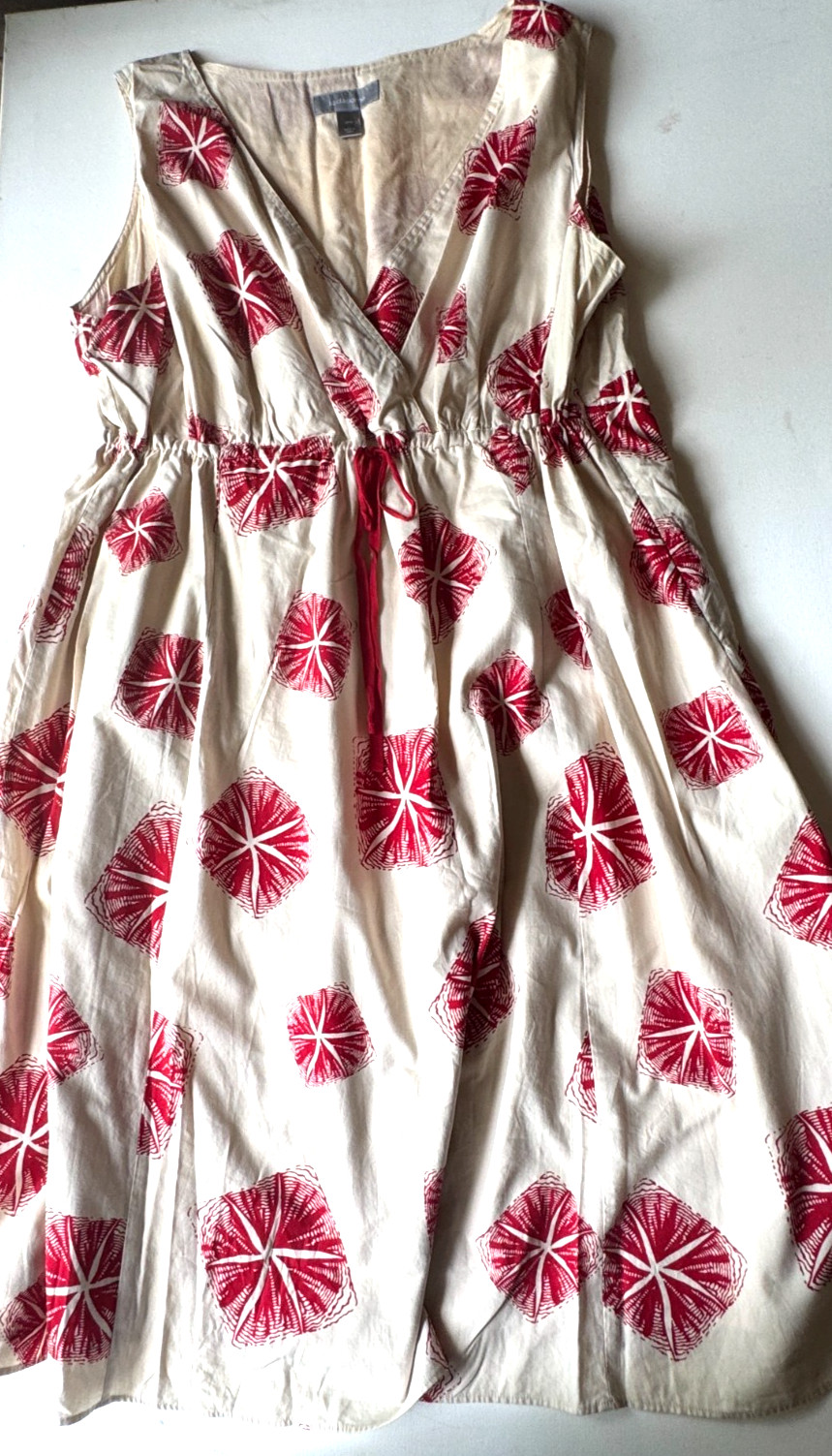 NWT LIZ CLAIBORNE SZ 20 Cotton Fit/ Flare Sleeveless Plunge Neck Dress Creme Red