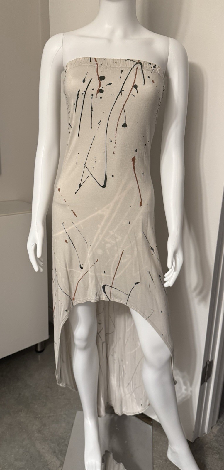 Hi Low Strapless Dress Gray 80’s Paint Splatter Print Size S