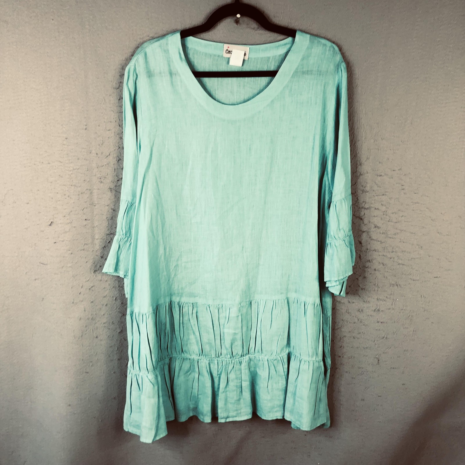 Camille & Co Dress Womens L Blue Linen Trapeze Swing Ruffle Hem Boho Feminine