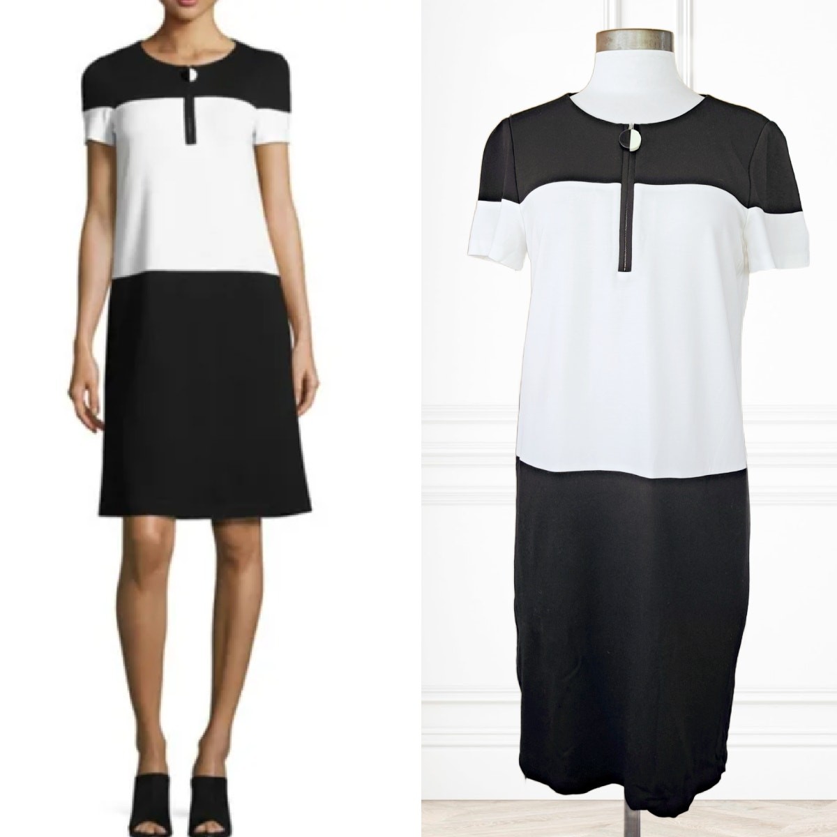 LAFAYETTE 148 Black White Colorblock Jersey Short Sleeve Shift Dress Size Medium