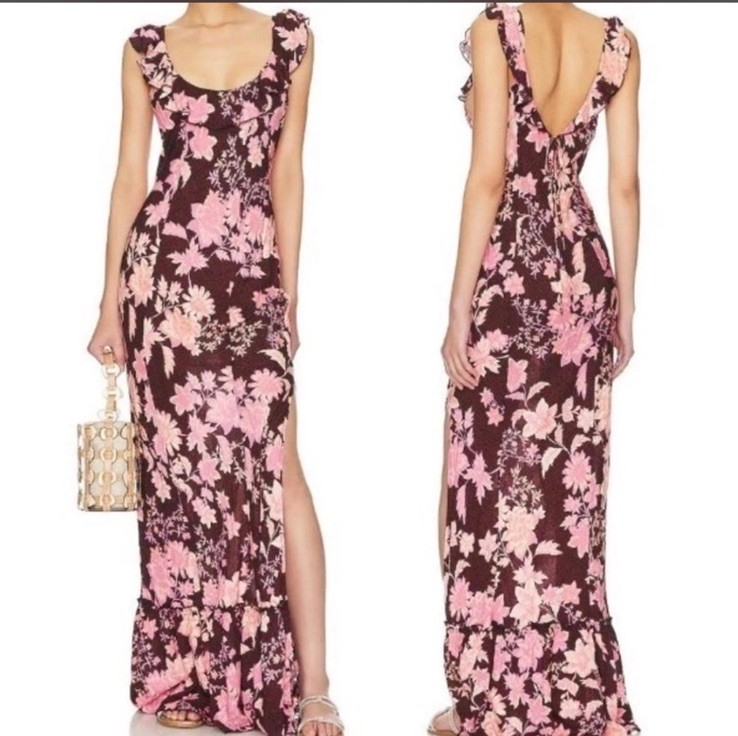 Free People Remind Me Maxi Slip Dress Small Floral Ruffle Boho Tropical Resort