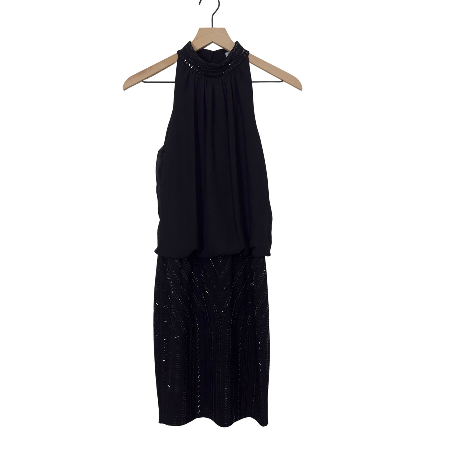 Vintage Cache Black Beaded Halter Blouson Cocktail Dress Size 0 Geometric Mini
