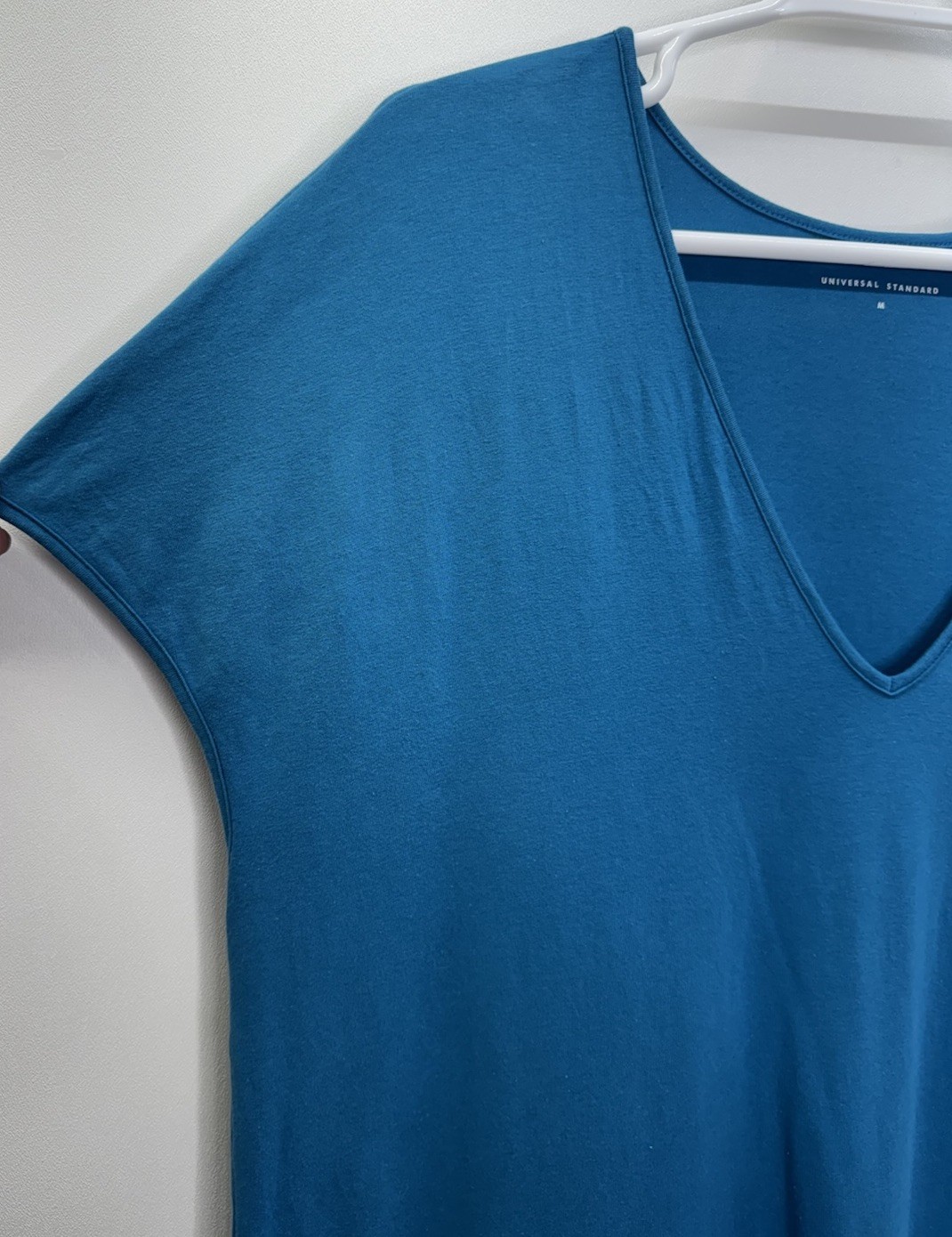 Universal Standard Iconic Geneva V-Neck Dress Pima Cotton Blue Coastal Momcore M