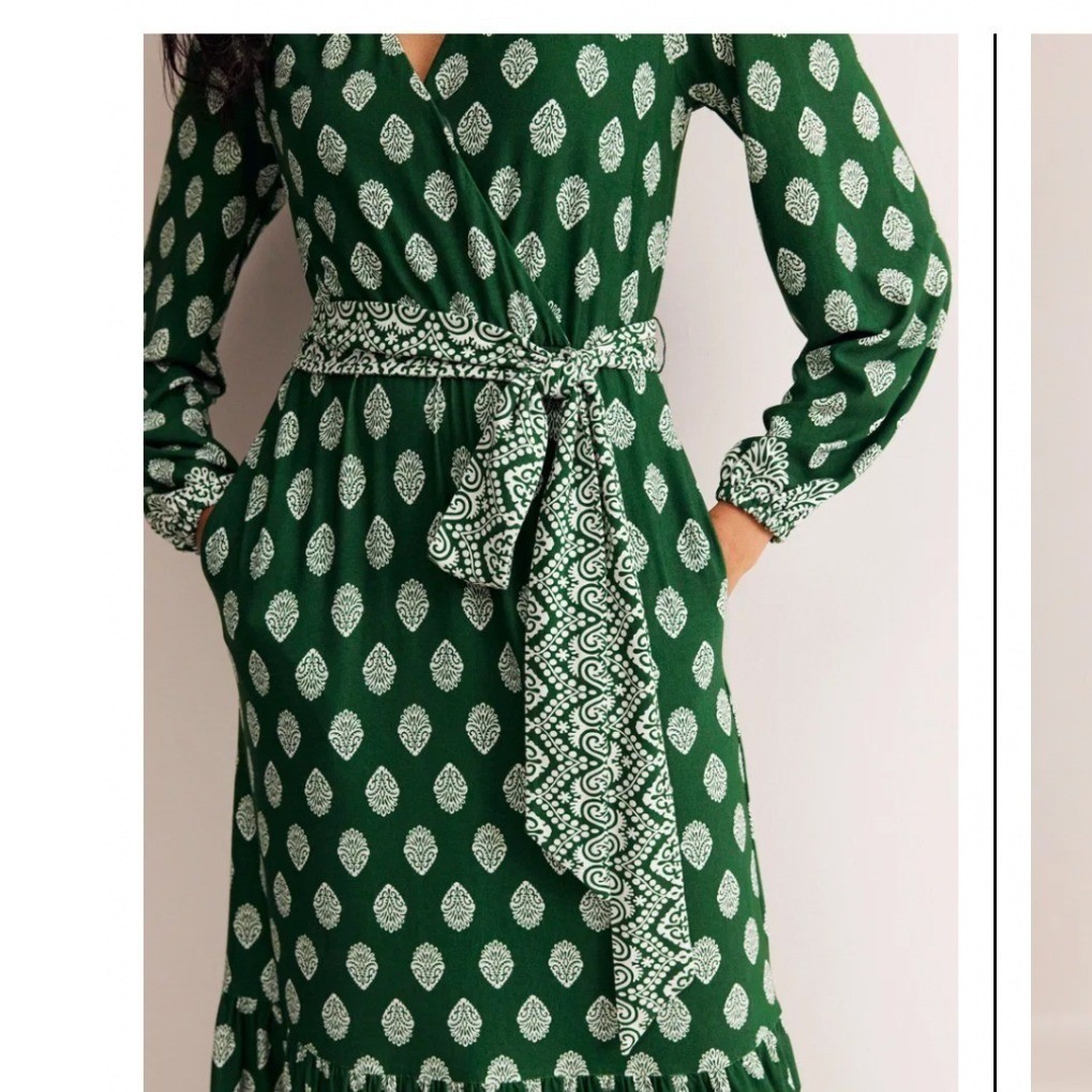 Boden Ophelia Wrap Dress Womens 8 Green White Jersey Block Print Tiered Maxi