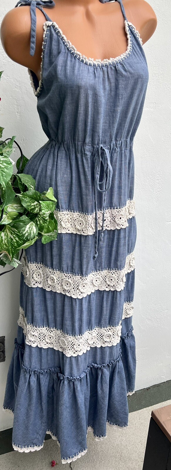VTG Boho Crochet Maxi Dress Ethnic Guatemala Lace Tiered Sundress