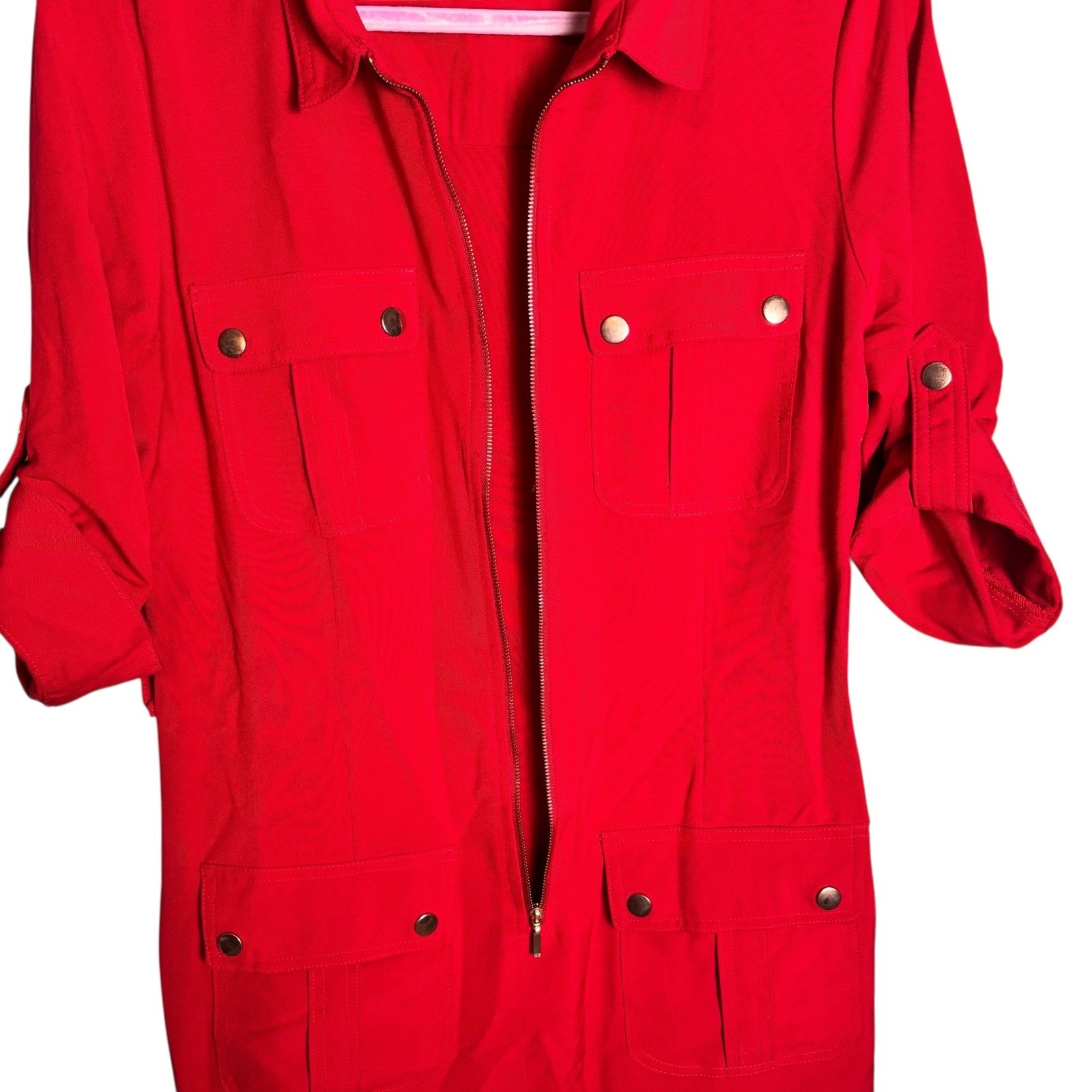 SHARAGANO Red Utility Zip Front Shirt Dress Roll Tab Sleeves Pockets Size 10