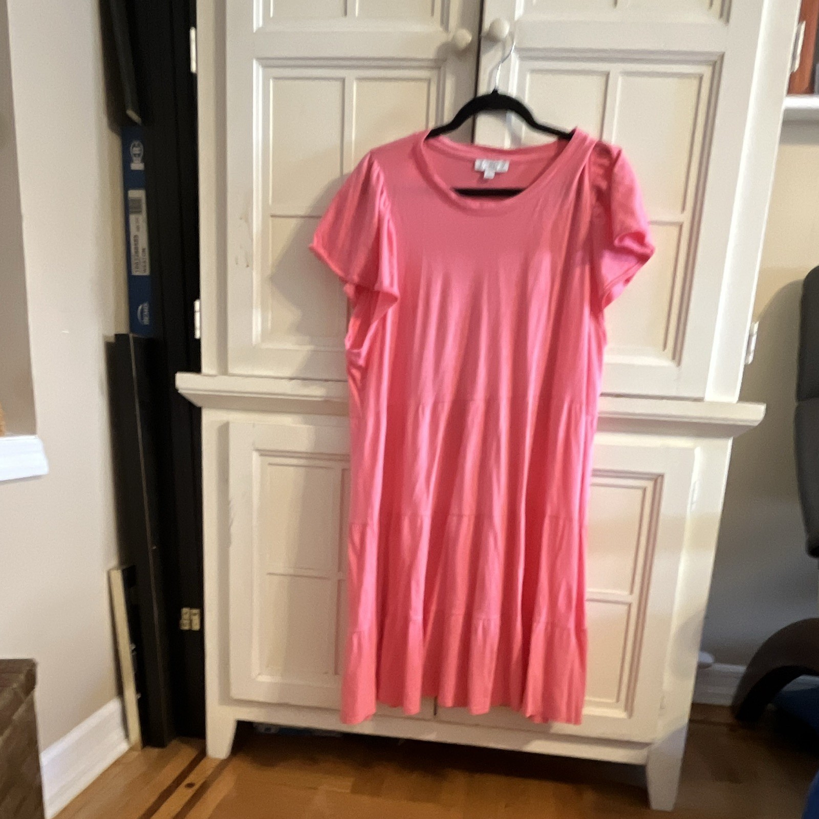 J.CREW Pink Solid Fit & Flare Midi Dress Round Neck Flutter Sleeve Ruffle XL