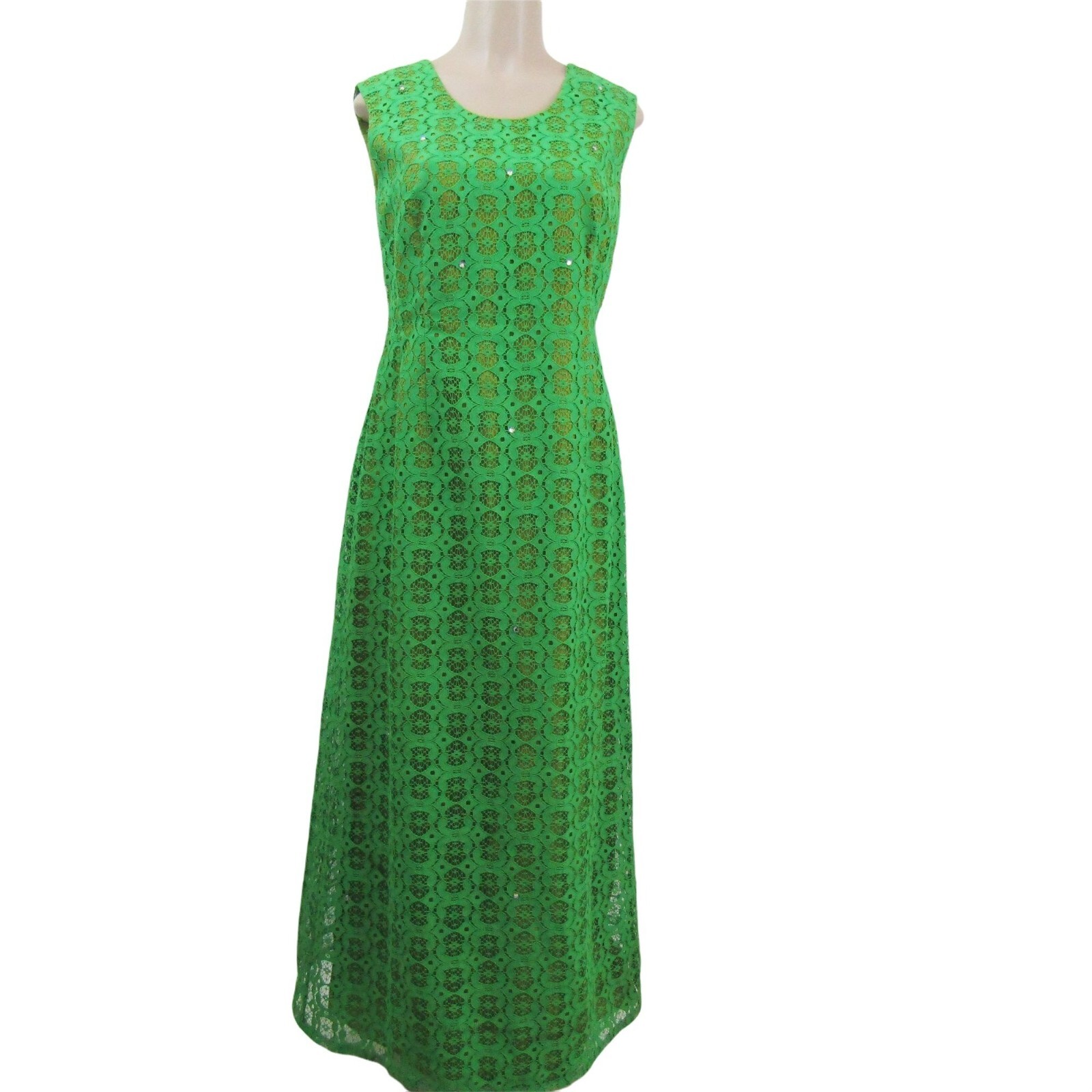 VTG 60s KELLY GREEN LACE Retro MOD M Mad Men Demure Maxi Fairy Party MCM dress