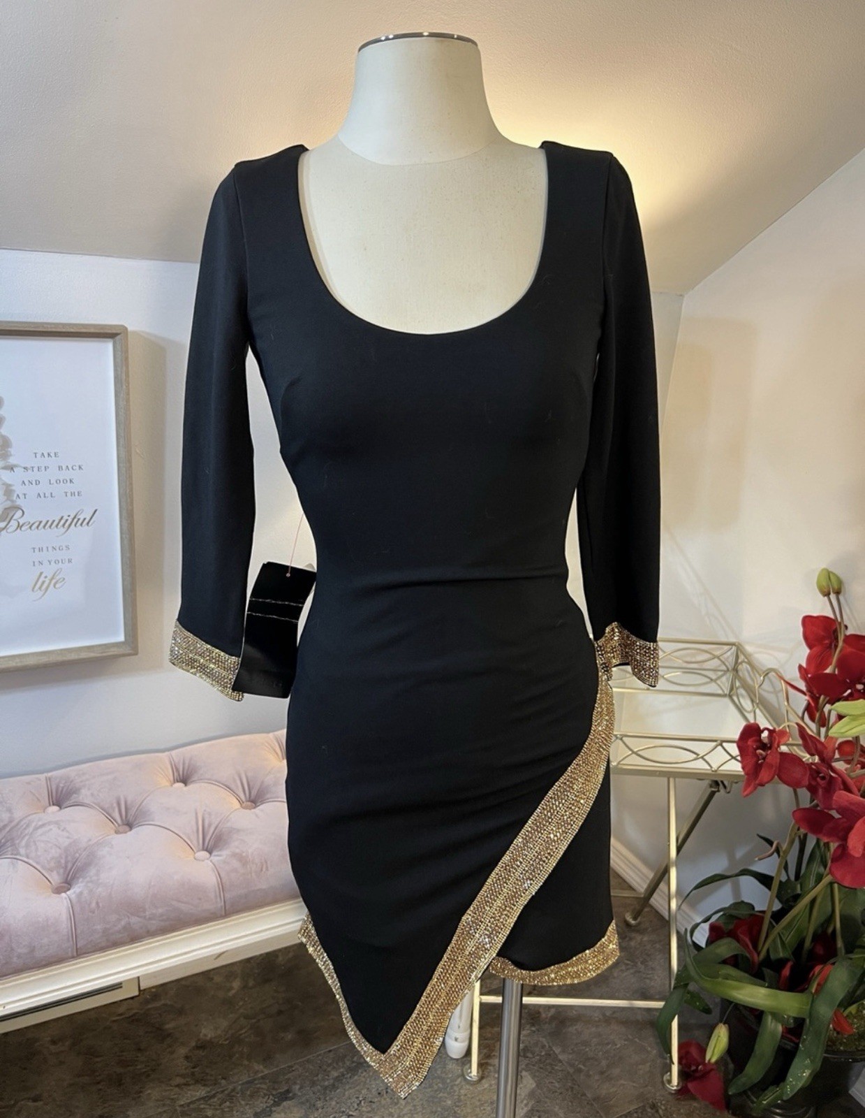 Bebe NWT Black & Gold Embellished Asymmetric Bodycon Dress Deadstock Size XS