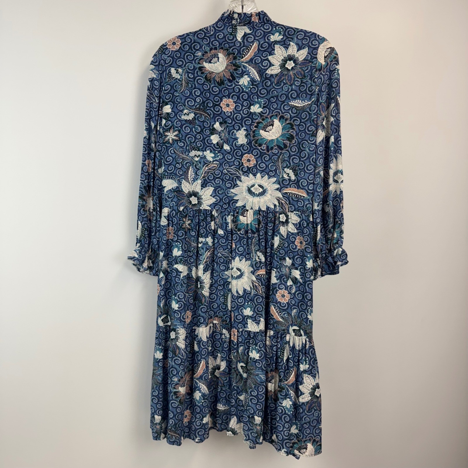 Loft Blue Floral Batik Tiered Midi Shirt Dress Long Sleeve Ruffle Womens S NWT