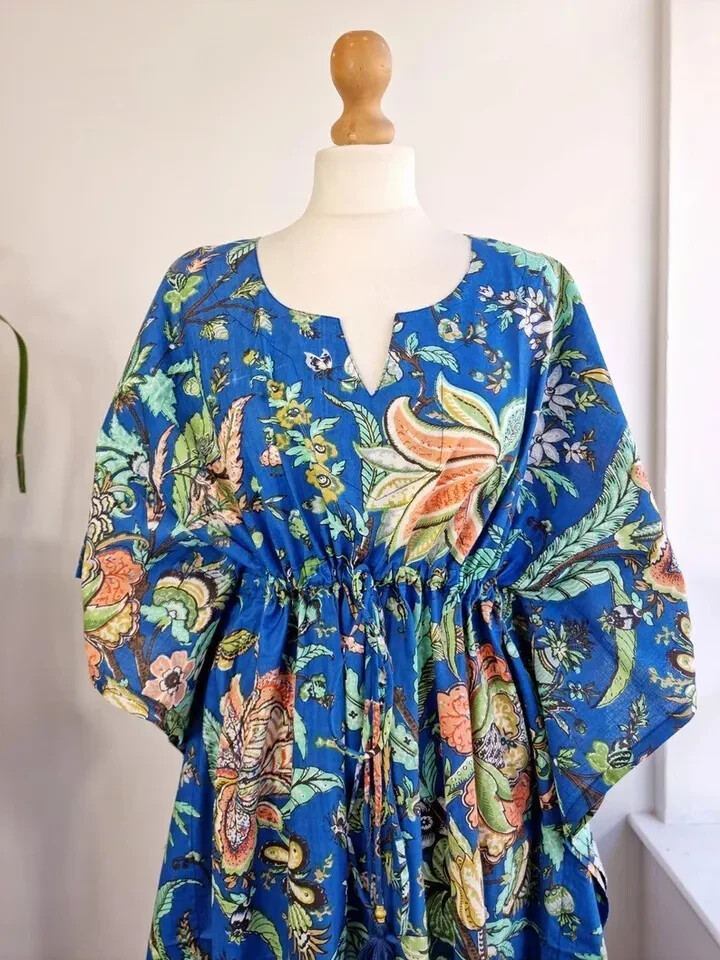 Indian Vintage 100% Cotton Long Beach Maxi Kaftan Dress One Size Caftan Kimono