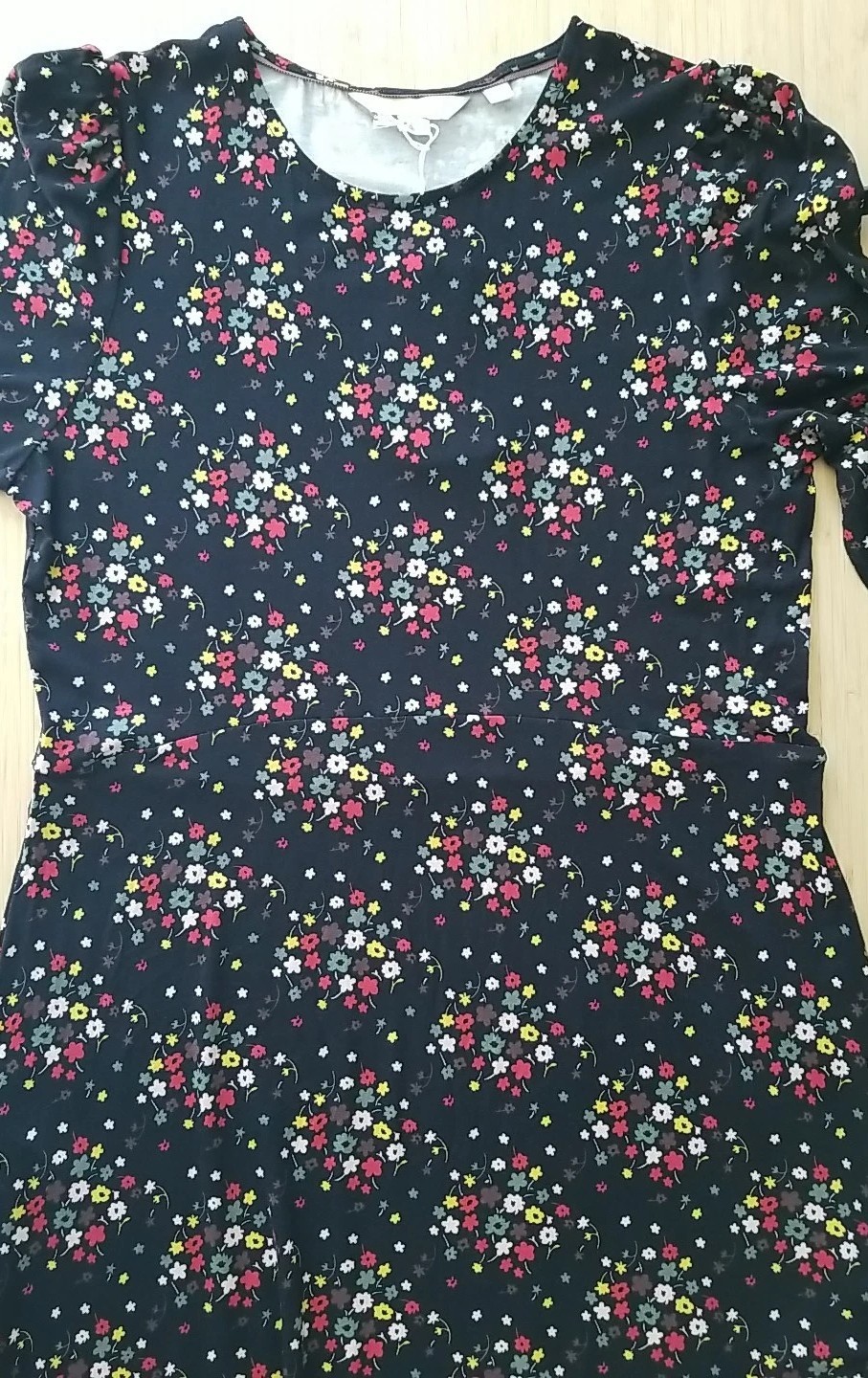 Boden Crew Neck Jersey Midi Dress US 6L 6 Black Floral Clusters Red Green Yellow