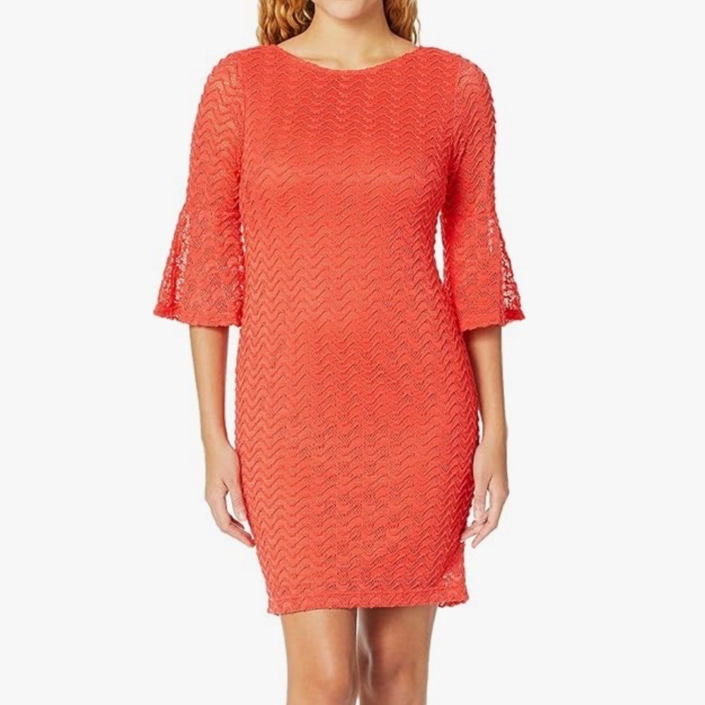 Sharagano Women’s Bell Sleeve Mini Dress Red Salmon Lace Overlay Dress Plus Size