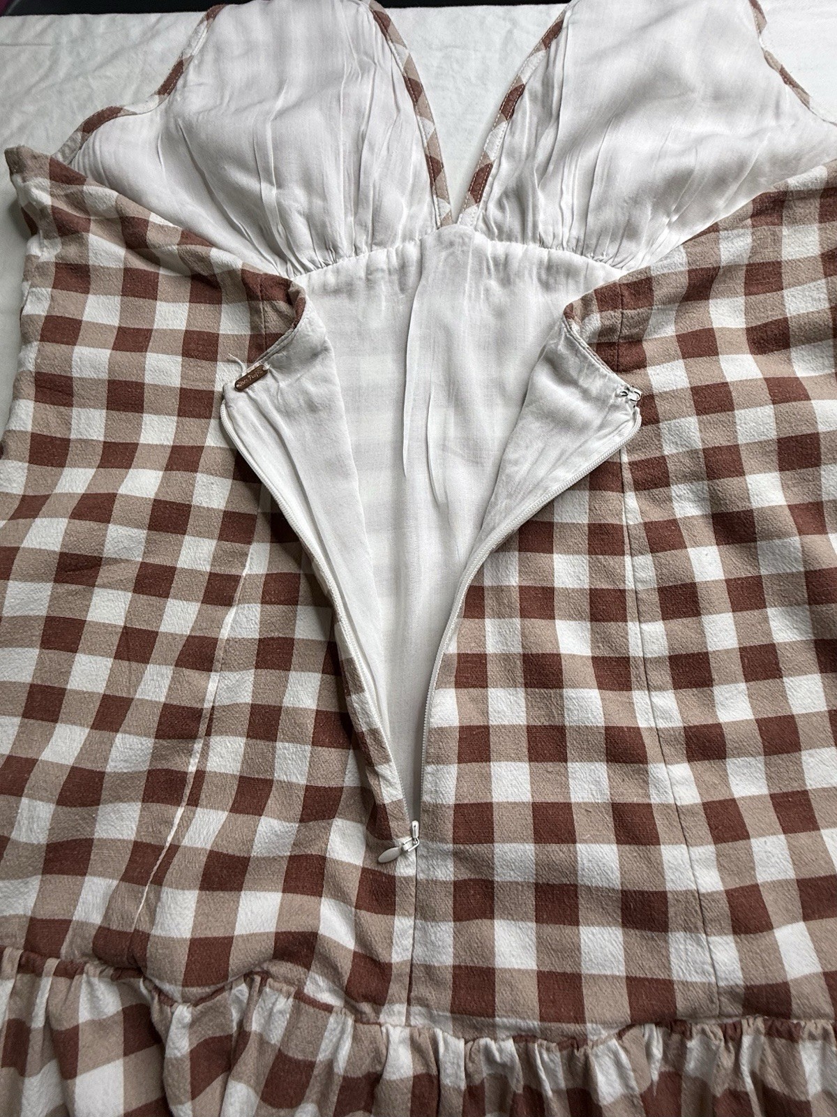 Free People Brown/White Gingham Halter Mini Sundress M Backless Ruffle Hem