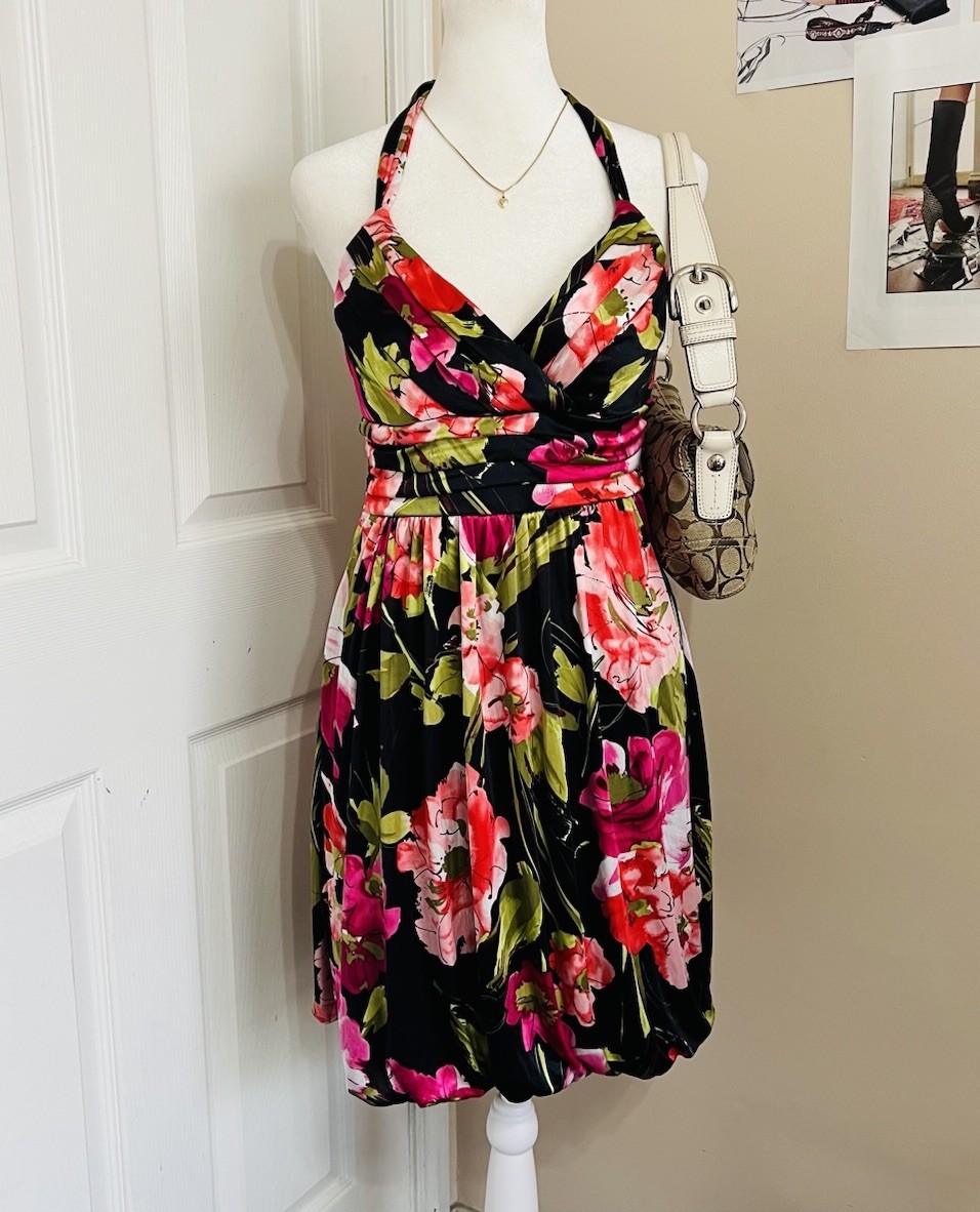 Trixxi Black Pink Green Floral Halter Fit & Flare Dress Bubble Hemline Size L